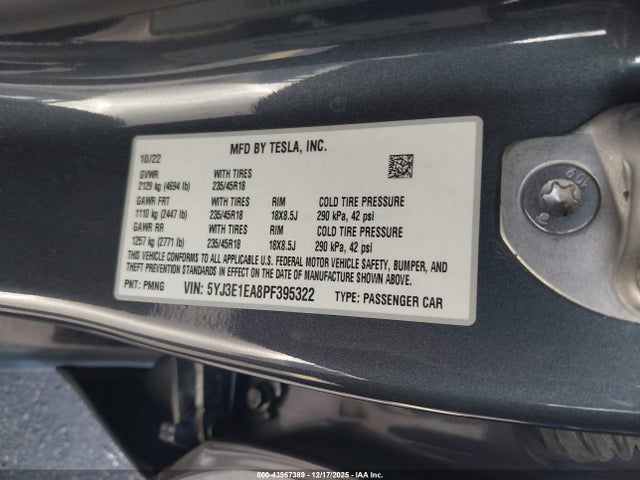 2023 Tesla Model 3 Rear-wheel Drive მანქანა იყიდება აუქციონზე, vin: 5YJ3E1EA8PF395322, აუქციონის ნომერი: 43967389