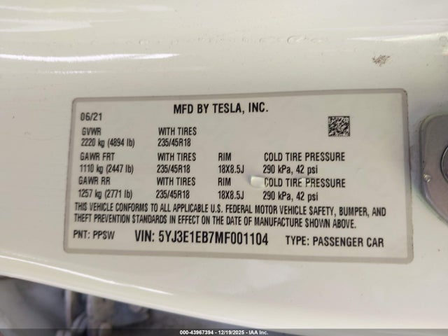 2021 TESLA MODEL 3 5YJ3E1EB7MF001104 Photo 8