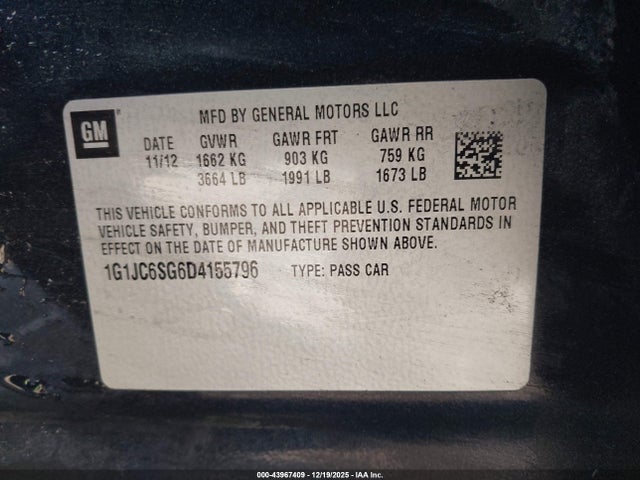 Продажа на аукционе авто 2013 Chevrolet Sonic Lt Auto, vin: 1G1JC6SG6D4155796, номер лота: 43967409