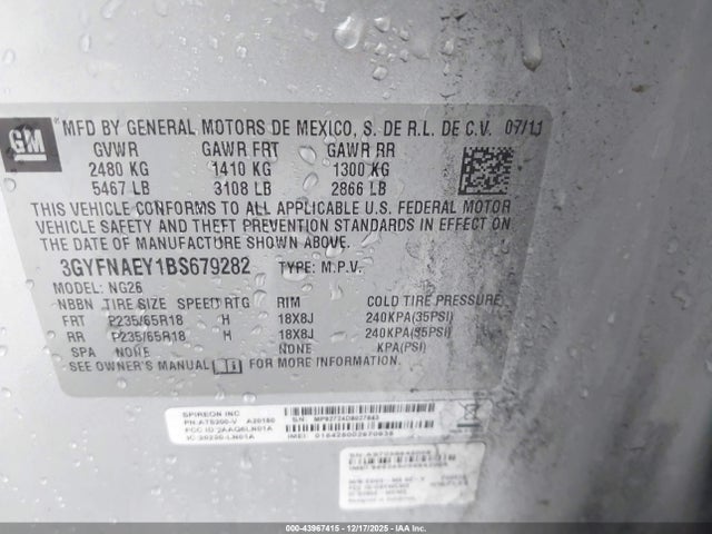 43967415 :رقم المزاد ، 3GYFNAEY1BS679282 vin ، 2011 Cadillac Srx Luxury Collection مزاد بيع
