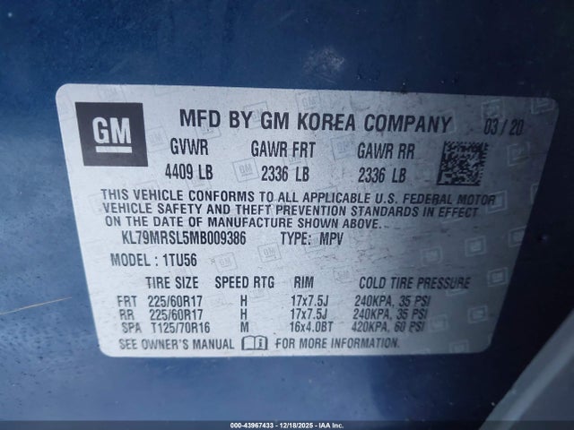 2021 Chevrolet Trailblazer Awd Lt მანქანა იყიდება აუქციონზე, vin: KL79MRSL5MB009386, აუქციონის ნომერი: 43967433