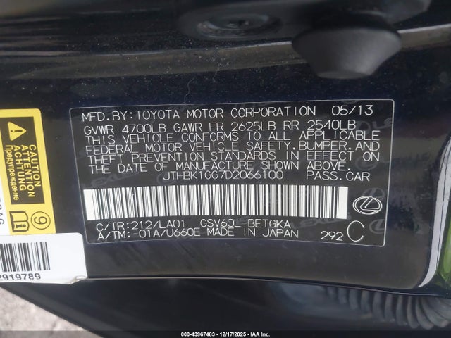 43967483 :رقم المزاد ، JTHBK1GG7D2066100 vin ، 2013 Lexus Es 350 مزاد بيع