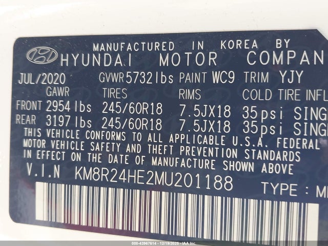 KM8R24HE2MU201188 Hyundai Palisade Sel