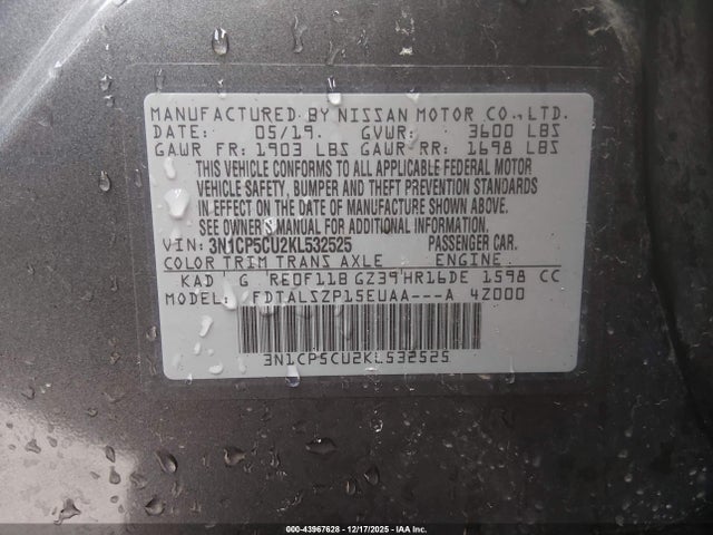 43967628 :رقم المزاد ، 3N1CP5CU2KL532525 vin ، 2019 Nissan Kicks Sv مزاد بيع