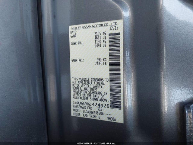 1N4AA6AP6GC424426 Nissan Maxima 3.5 Platinum/3.5 S/3.5 Sl/3.5 Sr/3.5 Sv