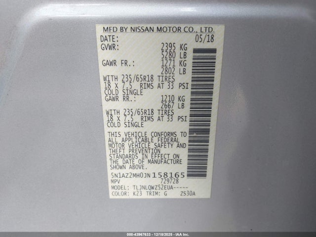 5N1AZ2MH0JN158165 Nissan MURANO SV