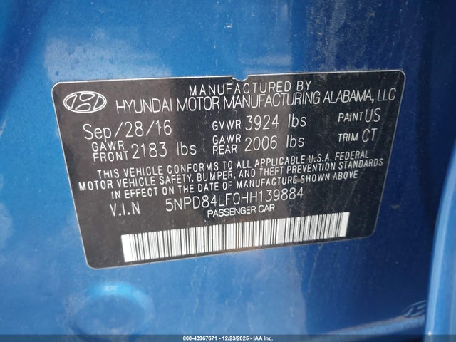 5NPD84LF0HH139884 Hyundai Elantra Value Edition