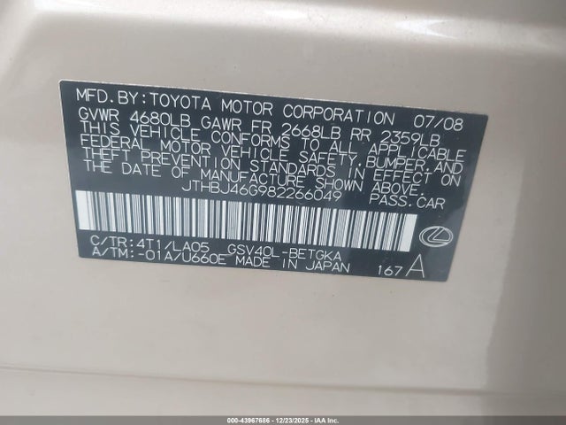 43967686 :رقم المزاد ، JTHBJ46G982266049 vin ، 2008 Lexus Es 350 مزاد بيع