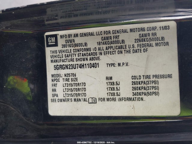 2004 HUMMER H2 5GRGN23U74H110401 Photo 8
