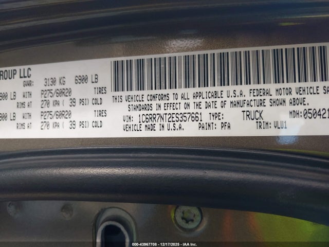 2014 Ram 1500 Laramie მანქანა იყიდება აუქციონზე, vin: 1C6RR7NT2ES357661, აუქციონის ნომერი: 43967708