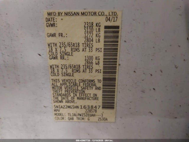 5N1AZ2MG5HN163847 Nissan MURANO S
