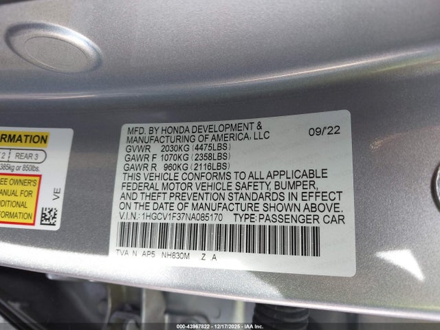 1HGCV1F37NA085170 Honda Accord Sport