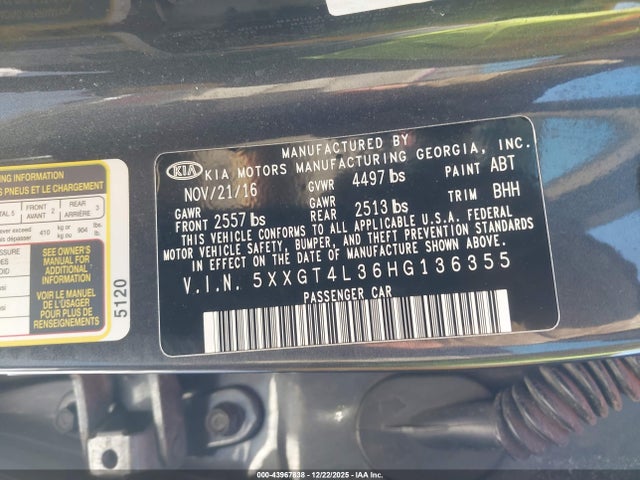 Aukcja sprzedaży 2017 Kia Optima Lx, vin: 5XXGT4L36HG136355, numer aukcji: 43967838