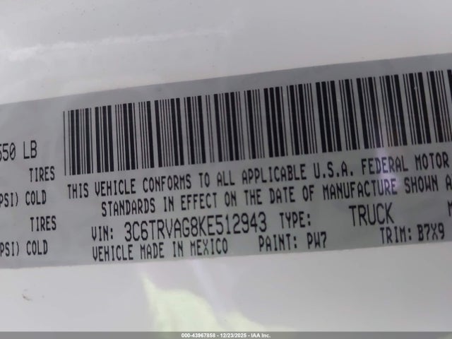 3C6TRVAG8KE512943 RAM Promaster 1500 Low Roof 136 Wb