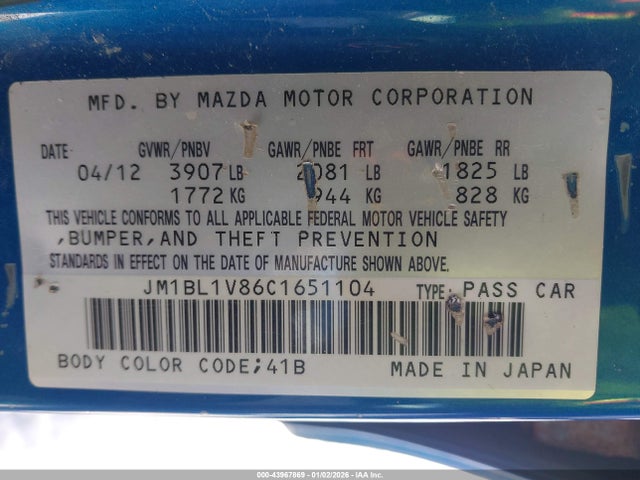 Aukcja sprzedaży 2012 Mazda Mazda3 I Touring, vin: JM1BL1V86C1651104, numer aukcji: 43967869