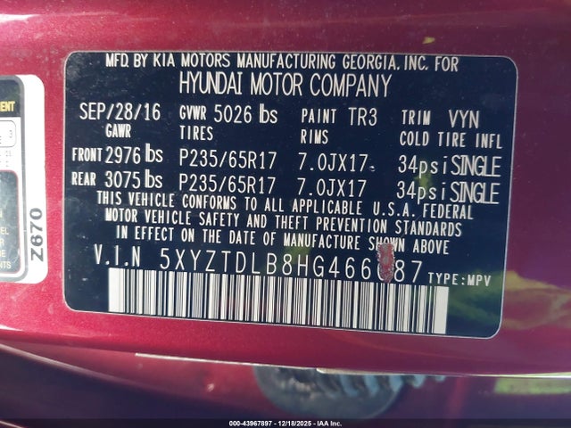 5XYZTDLB8HG466087 Hyundai Santa Fe Sport 2.4l