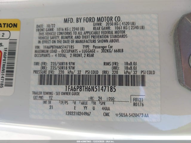 2022 FORD MUSTANG 1FA6P8TH6N5147185 Photo 8