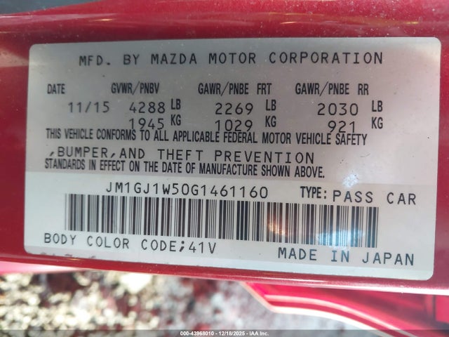 Продажа на аукционе авто 2016 Mazda Mazda6 I Grand Touring, vin: JM1GJ1W50G1461160, номер лота: 43968010