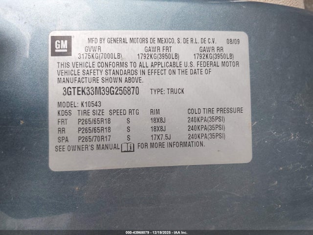 Aukcja sprzedaży 2009 Gmc Sierra 1500 Slt, vin: 3GTEK33M39G256870, numer aukcji: 43968079