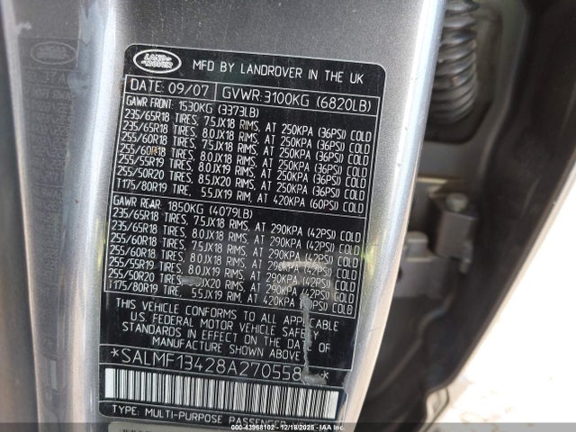43968102 :رقم المزاد ، SALMF13428A270558 vin ، 2008 Land Rover Range Rover Supercharged مزاد بيع