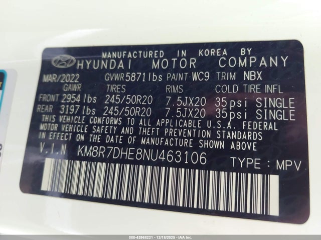 KM8R7DHE8NU463106 Hyundai Palisade Calligraphy