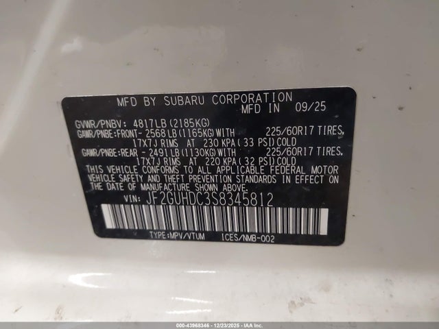 43968346 :رقم المزاد ، JF2GUHDC3S8345812 vin ، 2025 Subaru Crosstrek Premium مزاد بيع