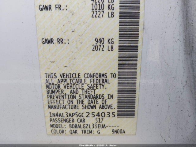 1N4AL3AP5GC254035 Nissan Altima 2.5/2.5 S/2.5 Sl/2.5 Sr/2.5 Sv