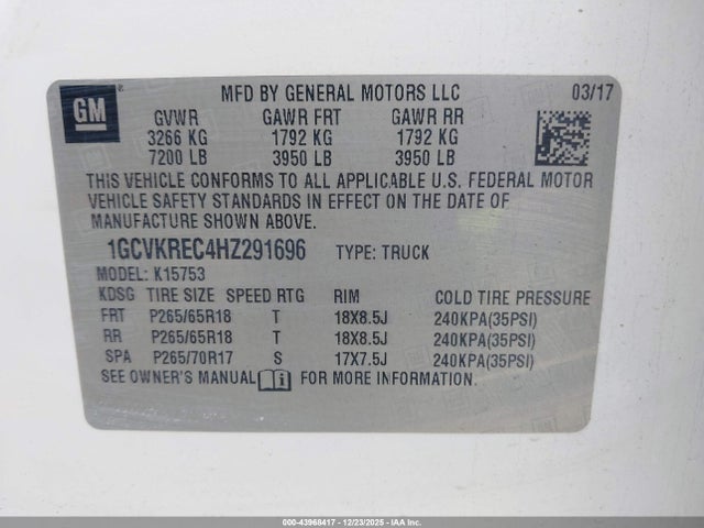 43968417 :رقم المزاد ، 1GCVKREC4HZ291696 vin ، 2017 Chevrolet Silverado 1500 1lt مزاد بيع