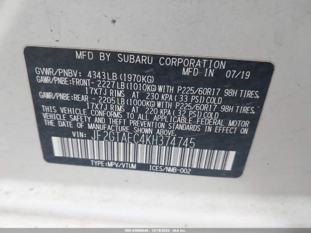 Subaru Crosstrek 2.0i Premium 2019 JF2GTAEC4KH374745 Image 9