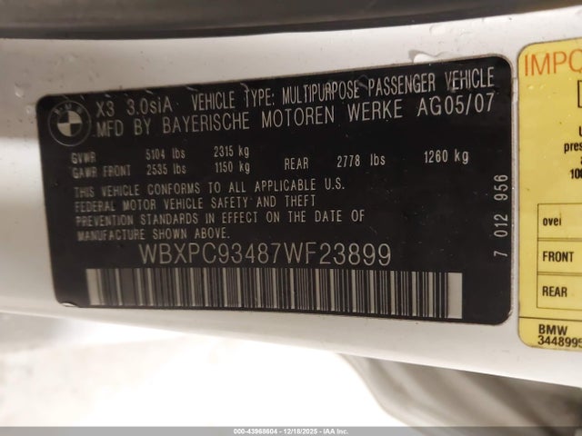 2007 BMW X3 WBXPC93487WF23899 Photo 8