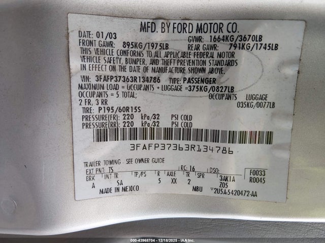 2003 FORD FOCUS 3FAFP37363R134786 Photo 8