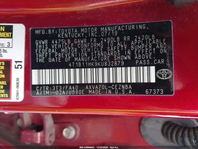 4T1B11HK9KU832879 Toyota CAMRY LE