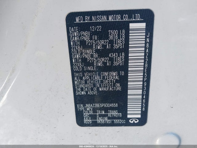 Продажа на аукционе авто 2023 Infiniti Qx80 Sensory Awd, vin: JN8AZ2BE5P9304658, номер лота: 43968824