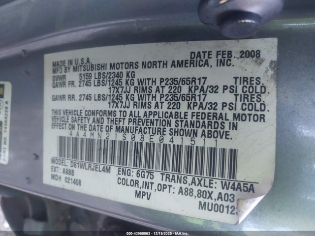 2008 MITSUBISHI ENDEAVOR 4A4MN21S08E041511 Photo 8