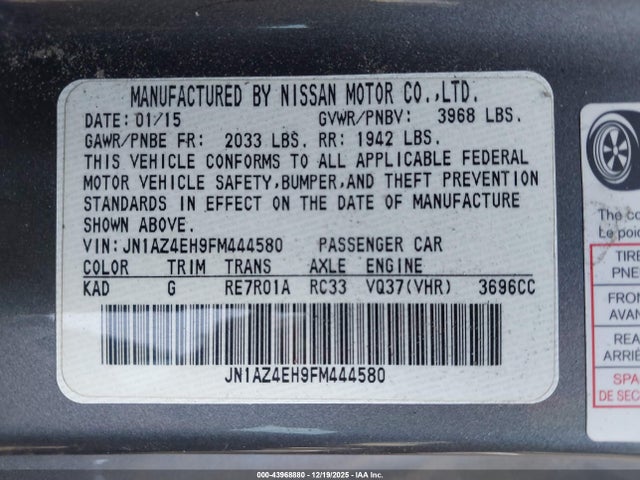 Продаж на аукціоні авто 2015 Nissan 370z, vin: JN1AZ4EH9FM444580, номер лоту: 43968880