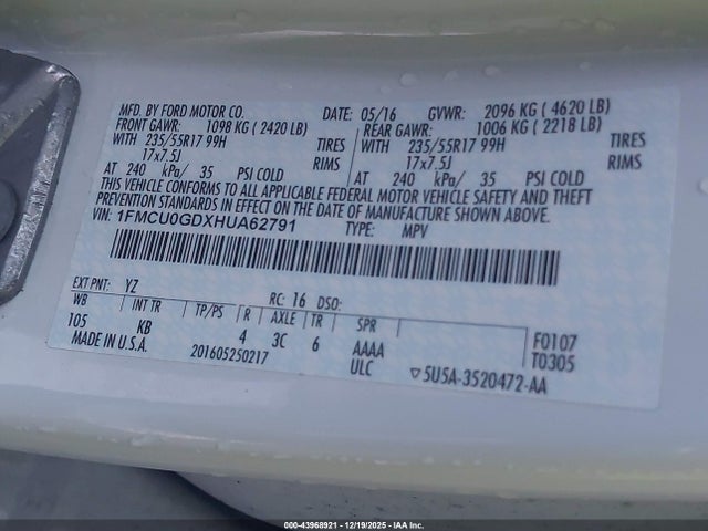 Ford ESCAPE SE 2017 1FMCU0GDXHUA62791 Image 9