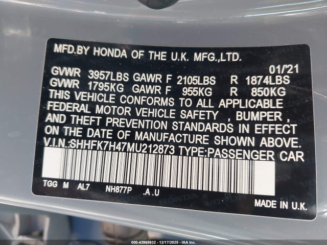 SHHFK7H47MU212873 Honda Civic Sport