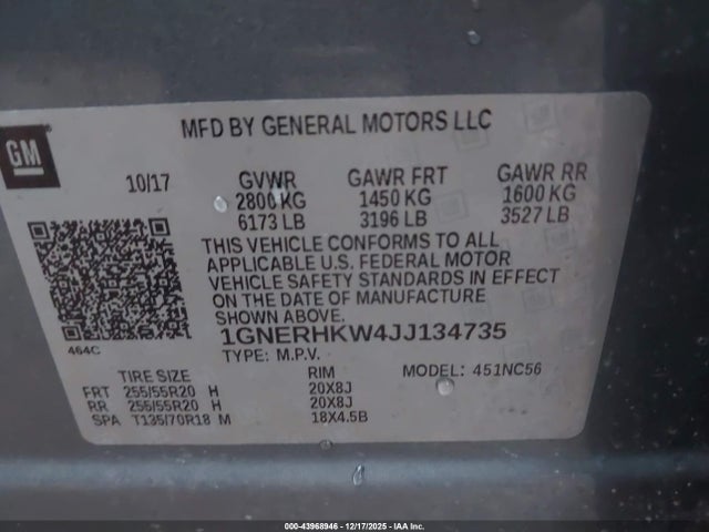 1GNERHKW4JJ134735 Chevrolet Traverse 3lt
