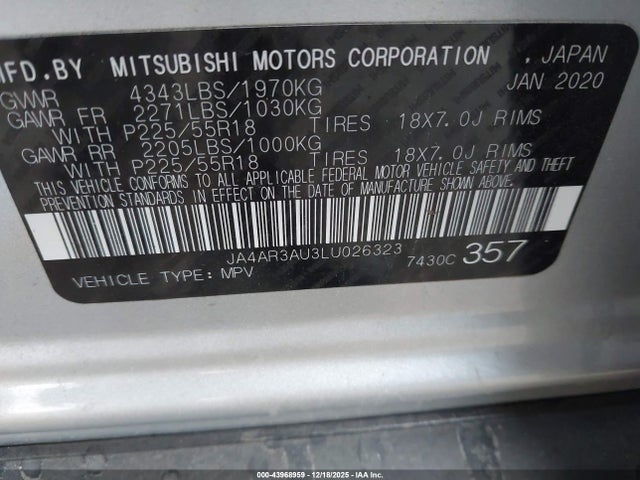 JA4AR3AU3LU026323 Mitsubishi Outlander Sport 2.0 Be Awc/2.0 Es Awc/2.0 Se Awc/2.0 Sp Awc