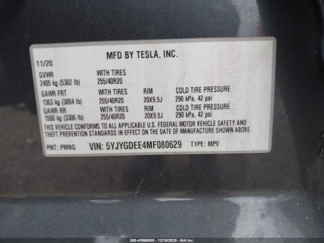 2021 TESLA MODEL Y 5YJYGDEE4MF080629 Photo 8