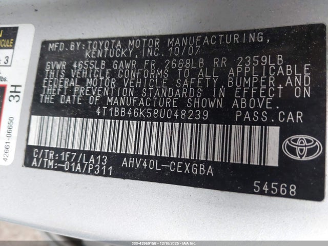 43969158 :رقم المزاد ، 4T1BB46K58U048239 vin ، 2008 Toyota Camry Hybrid مزاد بيع