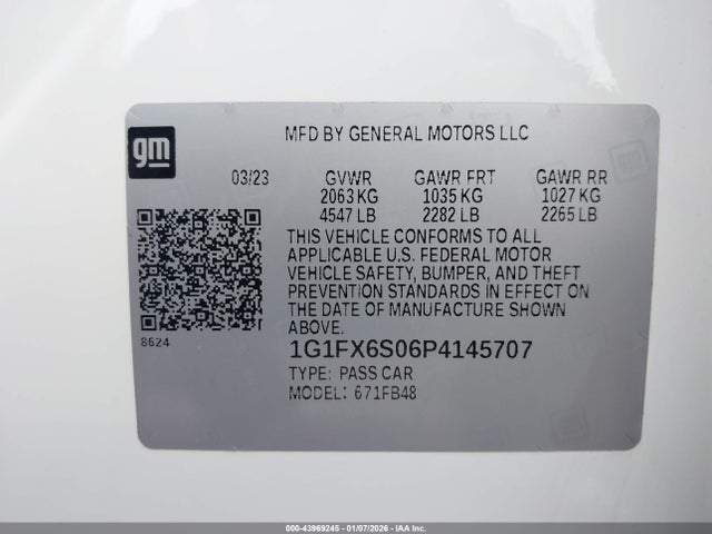 43969245 :رقم المزاد ، 1G1FX6S06P4145707 vin ، 2023 Chevrolet Bolt Ev Fwd 2lt مزاد بيع