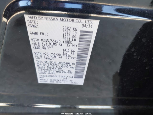 Aukcja sprzedaży 2014 Infiniti Qx60, vin: 5N1AL0MN8EC534754, numer aukcji: 43969248