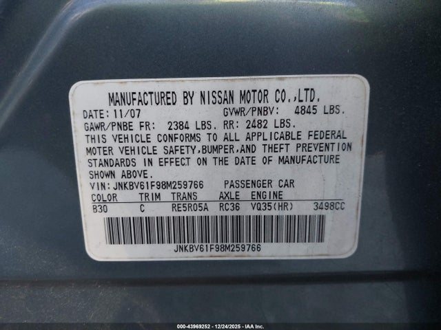 Aukcja sprzedaży 2008 Infiniti G35x, vin: JNKBV61F98M259766, numer aukcji: 43969252