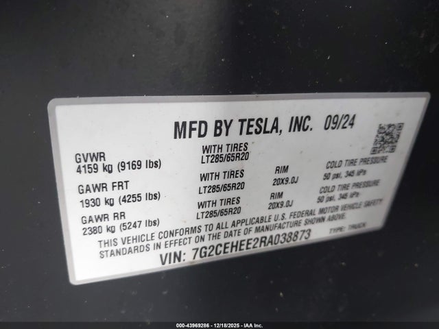 43969286 :رقم المزاد ، 7G2CEHEE2RA038873 vin ، 2024 Tesla Cybertruck Cyberbeast مزاد بيع