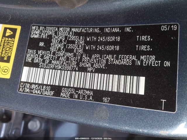 5TDJZRFH9KS998774 Toyota Highlander Xle