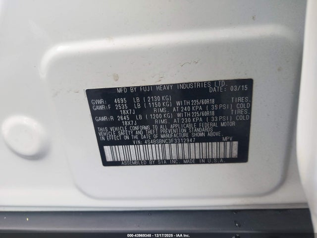 Subaru Outback 2.5i Limited 2015 4S4BSBNC3F3312947 Image 9
