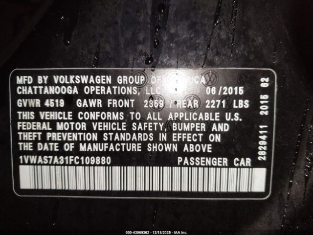 2015 VOLKSWAGEN PASSAT 1VWAS7A31FC109880 Photo 8