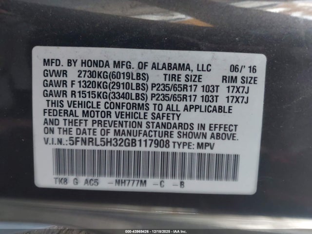 5FNRL5H32GB117908 Honda ODYSSEY SE