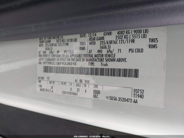2015 Ford Transit-250 მანქანა იყიდება აუქციონზე, vin: 1FTYR2CG6FKA39315, აუქციონის ნომერი: 43969483